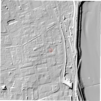 Shaded relief map of the ground around TS247NA, computed from Environment Agency LiDAR. The ground here sits at about 7 m above sea level and falls 15 m across the surrounding 800 m. Surface water reaching this point runs off ground lying to the west, 3.2 m higher.