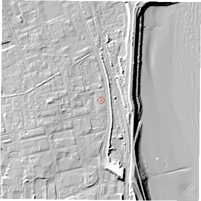 Shaded relief map of the ground around TS247NB, computed from Environment Agency LiDAR. The ground here sits at about 6 m above sea level and falls 15 m across the surrounding 800 m. Surface water reaching this point runs off ground lying to the west-south-west, 3.3 m higher.