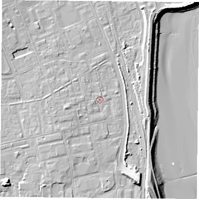Shaded relief map of the ground around TS247ND, computed from Environment Agency LiDAR. The ground here sits at about 6 m above sea level and falls 15 m across the surrounding 800 m. Surface water reaching this point runs off ground lying to the west, 1.8 m higher.
