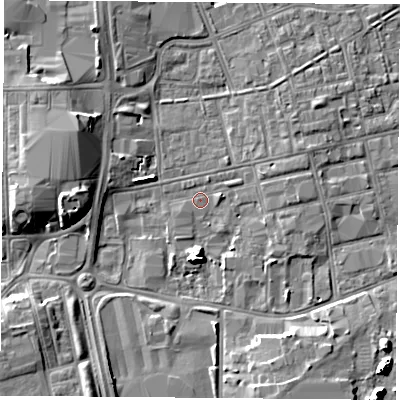 Shaded relief map of the ground around TS247NL, computed from Environment Agency LiDAR. The ground here sits at about 6 m above sea level and falls 8 m across the surrounding 800 m. Surface water reaching this point runs off ground lying to the west, 7.7 m higher.