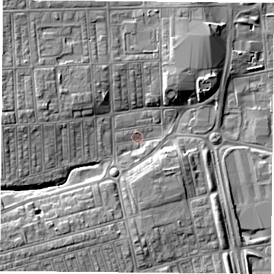 Shaded relief map of the ground around TS247QR, computed from Environment Agency LiDAR. The ground here sits at about 7 m above sea level and falls 8 m across the surrounding 800 m. Surface water reaching this point runs off ground lying to the west-north-west, 8.2 m higher.
