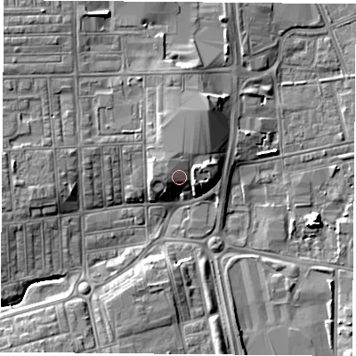 Shaded relief map of the ground around TS247QT, computed from Environment Agency LiDAR. The ground here sits at about 11 m above sea level and falls 8 m across the surrounding 800 m. Surface water reaching this point runs off ground lying to the north, 1.7 m higher.