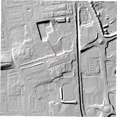 Shaded relief map of the ground around TS248EF, computed from Environment Agency LiDAR. The ground here sits at about 15 m above sea level and falls 15 m across the surrounding 800 m. Surface water reaching this point runs off ground lying to the south-south-west, 0.9 m higher.