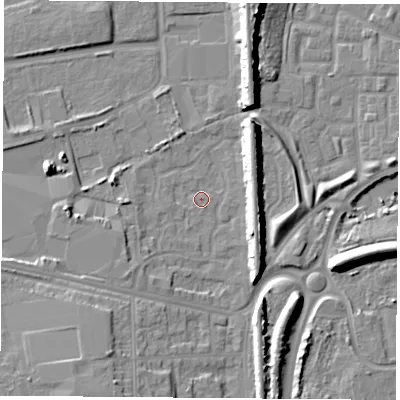 Shaded relief map of the ground around TS248RD, computed from Environment Agency LiDAR. The ground here sits at about 4 m above sea level and falls 13 m across the surrounding 800 m. Surface water reaching this point runs off ground lying to the south-south-west, 8.6 m higher.