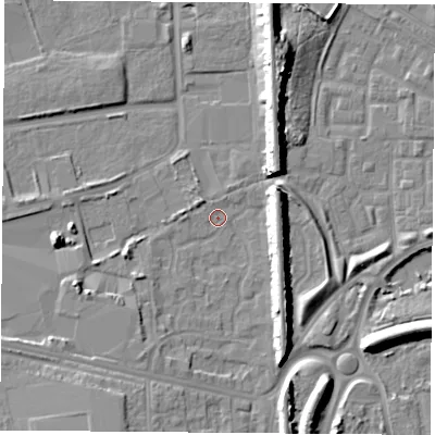 Shaded relief map of the ground around TS248RF, computed from Environment Agency LiDAR. The ground here sits at about 4 m above sea level and falls 12 m across the surrounding 800 m. Surface water reaching this point runs off ground lying to the east-north-east, 8.3 m higher.