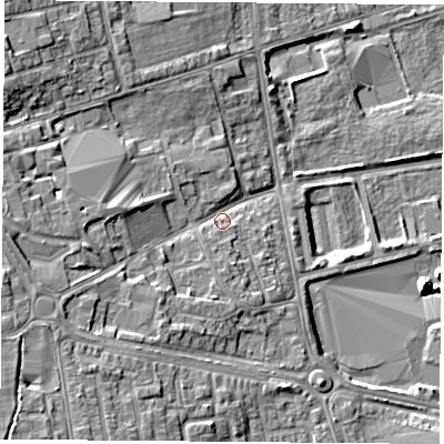 Shaded relief map of the ground around TS249AL, computed from Environment Agency LiDAR. The ground here sits at about 9 m above sea level and falls 12 m across the surrounding 800 m. Surface water reaching this point runs off ground lying to the south-west, 7.6 m higher.