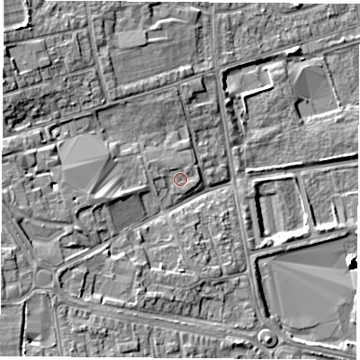 Shaded relief map of the ground around TS249DA, computed from Environment Agency LiDAR. The ground here sits at about 9 m above sea level and falls 12 m across the surrounding 800 m. Surface water reaching this point runs off ground lying to the west, 1.3 m higher.