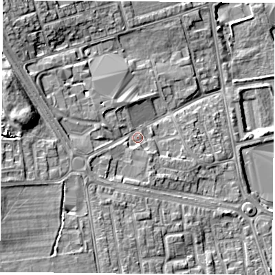 Shaded relief map of the ground around TS249DD, computed from Environment Agency LiDAR. The ground here sits at about 11 m above sea level and falls 15 m across the surrounding 800 m. Surface water reaching this point runs off ground lying to the south-west, 6.9 m higher.