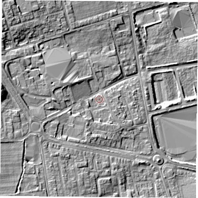 Shaded relief map of the ground around TS249DF, computed from Environment Agency LiDAR. The ground here sits at about 10 m above sea level and falls 14 m across the surrounding 800 m. Surface water reaching this point runs off ground lying to the south-west, 6.6 m higher.