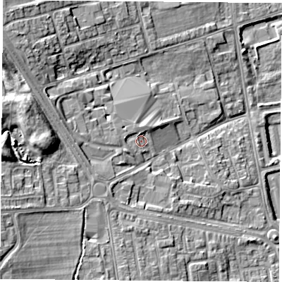 Shaded relief map of the ground around TS249DQ, computed from Environment Agency LiDAR. The ground here sits at about 12 m above sea level and falls 15 m across the surrounding 800 m. Surface water reaching this point runs off ground lying to the north-north-east, 1.4 m higher.