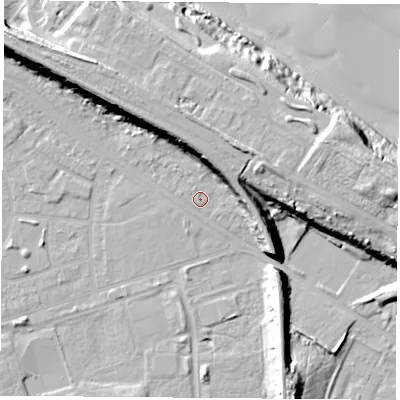 Shaded relief map of the ground around TS249LF, computed from Environment Agency LiDAR. The ground here sits at about 5 m above sea level and falls 22 m across the surrounding 800 m. Surface water reaching this point runs off ground lying to the north, 12.9 m higher.