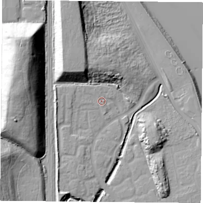 Shaded relief map of the ground around TS251GF, computed from Environment Agency LiDAR. The ground here sits at about 6 m above sea level and falls 34 m across the surrounding 800 m. Surface water reaching this point runs off ground lying to the west, 2.9 m higher.