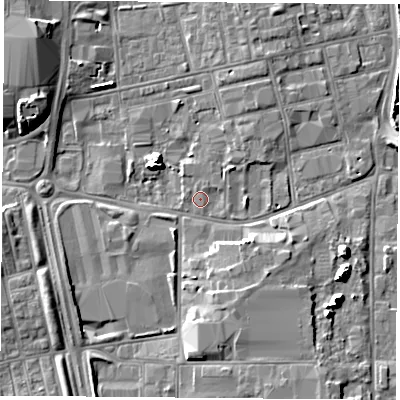 Shaded relief map of the ground around TS251PL, computed from Environment Agency LiDAR. The ground here sits at about 7 m above sea level and falls 8 m across the surrounding 800 m. Surface water reaching this point runs off ground lying to the west-north-west, 7.6 m higher.