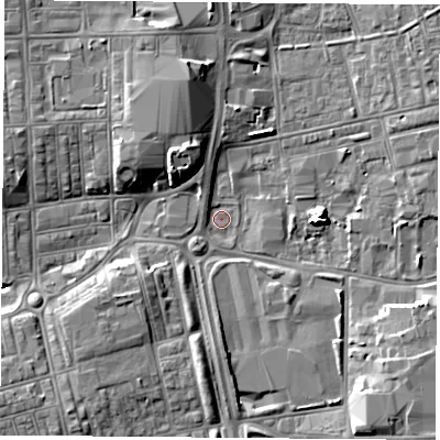 Shaded relief map of the ground around TS251PN, computed from Environment Agency LiDAR. The ground here sits at about 6 m above sea level and falls 8 m across the surrounding 800 m. Surface water reaching this point runs off ground lying to the north-north-west, 7.5 m higher.