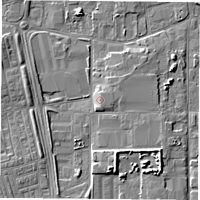 Shaded relief map of the ground around TS251PU, computed from Environment Agency LiDAR. The ground here sits at about 9 m above sea level and falls 13 m across the surrounding 800 m. The ground contributing surface water to this point lies to the north-east.