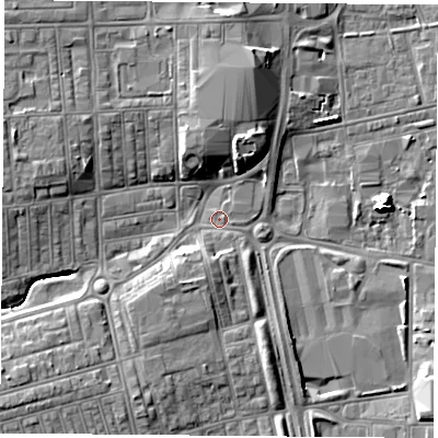 Shaded relief map of the ground around TS251TR, computed from Environment Agency LiDAR. The ground here sits at about 7 m above sea level and falls 8 m across the surrounding 800 m. Surface water reaching this point runs off ground lying to the north-north-east, 7.7 m higher.