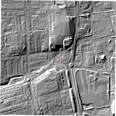 Shaded relief map of the ground around TS251TU, computed from Environment Agency LiDAR. The ground here sits at about 6 m above sea level and falls 8 m across the surrounding 800 m. Surface water reaching this point runs off ground lying to the north-north-east, 7.7 m higher.