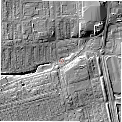 Shaded relief map of the ground around TS251TY, computed from Environment Agency LiDAR. The ground here sits at about 8 m above sea level and falls 8 m across the surrounding 800 m. Surface water reaching this point runs off ground lying to the south, 3.3 m higher.