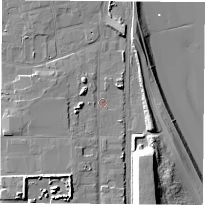 Shaded relief map of the ground around TS251TZ, computed from Environment Agency LiDAR. The ground here sits at about 7 m above sea level and falls 23 m across the surrounding 800 m. Surface water reaching this point runs off ground lying to the west-north-west, 6.5 m higher.