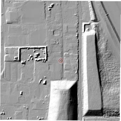 Shaded relief map of the ground around TS251UB, computed from Environment Agency LiDAR. The ground here sits at about 9 m above sea level and falls 33 m across the surrounding 800 m. Surface water reaching this point runs off ground lying to the south, 23.5 m higher.
