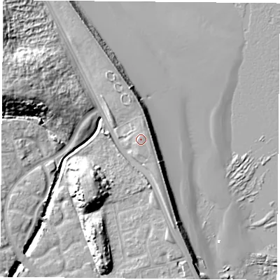 Shaded relief map of the ground around TS251XN, computed from Environment Agency LiDAR. The ground here sits at about 6 m above sea level and falls 19 m across the surrounding 800 m. Surface water reaching this point runs off ground lying to the south-east, 0.9 m higher.