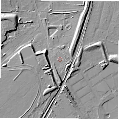 Shaded relief map of the ground around TS252BW, computed from Environment Agency LiDAR. The ground here sits at about 10 m above sea level and falls 12 m across the surrounding 800 m. Surface water reaching this point runs off ground lying to the south, 6.8 m higher.