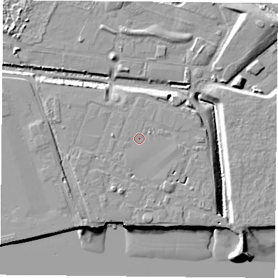 Shaded relief map of the ground around TS252BY, computed from Environment Agency LiDAR. The ground here sits at about 5 m above sea level and falls 10 m across the surrounding 800 m. Surface water reaching this point runs off ground lying to the east-north-east, 0.6 m higher.