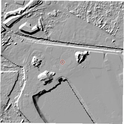 Shaded relief map of the ground around TS252DB, computed from Environment Agency LiDAR. The ground here sits at about 5 m above sea level and falls 21 m across the surrounding 800 m. Surface water reaching this point runs off ground lying to the east, 7.4 m higher.