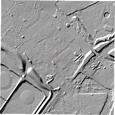 Shaded relief map of the ground around TS252DF, computed from Environment Agency LiDAR. The ground here sits at about 7 m above sea level and falls 17 m across the surrounding 800 m. Surface water reaching this point runs off ground lying to the west-north-west, 1.8 m higher.