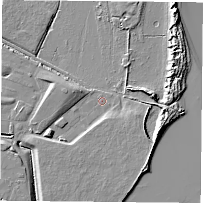 Shaded relief map of the ground around TS252DT, computed from Environment Agency LiDAR. The ground here sits at about 3 m above sea level and falls 11 m across the surrounding 800 m. Surface water reaching this point runs off ground lying to the south-east, 5.6 m higher.