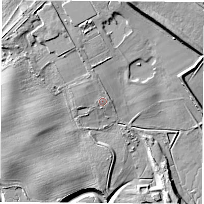 Shaded relief map of the ground around TS252HE, computed from Environment Agency LiDAR. The ground here sits at about 7 m above sea level and falls 18 m across the surrounding 800 m. Surface water reaching this point runs off ground lying to the north-west, 2.2 m higher.