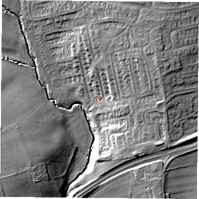 Shaded relief map of the ground around TS252JN, computed from Environment Agency LiDAR. The ground here sits at about 14 m above sea level and falls 21 m across the surrounding 800 m. Surface water reaching this point runs off ground lying to the north-east, 14.1 m higher.