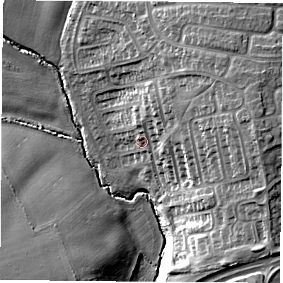 Shaded relief map of the ground around TS252JU, computed from Environment Agency LiDAR. The ground here sits at about 14 m above sea level and falls 20 m across the surrounding 800 m. Surface water reaching this point runs off ground lying to the east-north-east, 11.1 m higher.