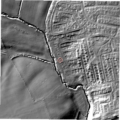 Shaded relief map of the ground around TS252JX, computed from Environment Agency LiDAR. The ground here sits at about 11 m above sea level and falls 18 m across the surrounding 800 m. Surface water reaching this point runs off ground lying to the east-north-east, 13.9 m higher.