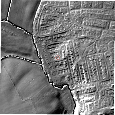 Shaded relief map of the ground around TS252JY, computed from Environment Agency LiDAR. The ground here sits at about 13 m above sea level and falls 20 m across the surrounding 800 m. Surface water reaching this point runs off ground lying to the east-north-east, 7.7 m higher.