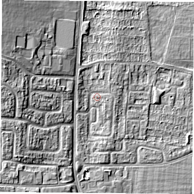 Shaded relief map of the ground around TS255DT, computed from Environment Agency LiDAR. The ground here sits at about 20 m above sea level and falls 14 m across the surrounding 800 m. Surface water reaching this point runs off ground lying to the north-north-west, 2.1 m higher.