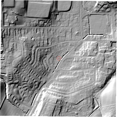 Shaded relief map of the ground around TS260AE, computed from Environment Agency LiDAR. The ground here sits at about 23 m above sea level and falls 31 m across the surrounding 800 m. Surface water reaching this point runs off ground lying to the west, 19.6 m higher.