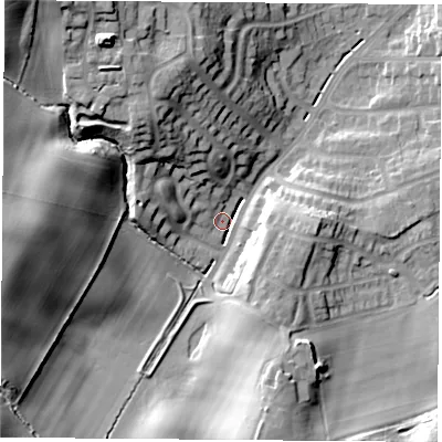 Shaded relief map of the ground around TS260AL, computed from Environment Agency LiDAR. The ground here sits at about 25 m above sea level and falls 29 m across the surrounding 800 m. Surface water reaching this point runs off ground lying to the north-west, 27.5 m higher.