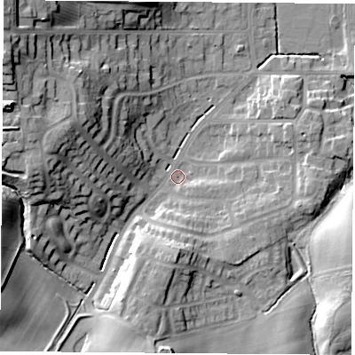Shaded relief map of the ground around TS260AT, computed from Environment Agency LiDAR. The ground here sits at about 24 m above sea level and falls 27 m across the surrounding 800 m. Surface water reaching this point runs off ground lying to the west-north-west, 18.4 m higher.