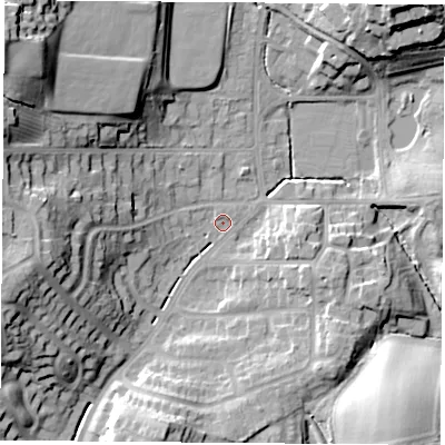 Shaded relief map of the ground around TS260AX, computed from Environment Agency LiDAR. The ground here sits at about 23 m above sea level and falls 27 m across the surrounding 800 m. Surface water reaching this point runs off ground lying to the west-south-west, 19.0 m higher.
