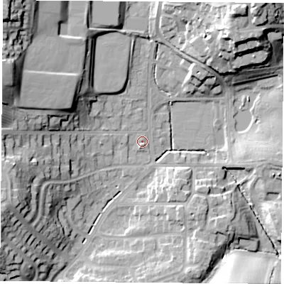 Shaded relief map of the ground around TS260BP, computed from Environment Agency LiDAR. The ground here sits at about 23 m above sea level and falls 28 m across the surrounding 800 m. Surface water reaching this point runs off ground lying to the west-south-west, 19.4 m higher.