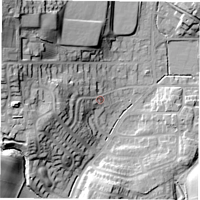 Shaded relief map of the ground around TS260BW, computed from Environment Agency LiDAR. The ground here sits at about 26 m above sea level and falls 34 m across the surrounding 800 m. Surface water reaching this point runs off ground lying to the west-south-west, 13.4 m higher.