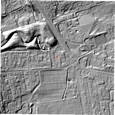 Shaded relief map of the ground around TS260UH, computed from Environment Agency LiDAR. The ground here sits at about 15 m above sea level and falls 18 m across the surrounding 800 m. Surface water reaching this point runs off ground lying to the west-south-west, 3.9 m higher.