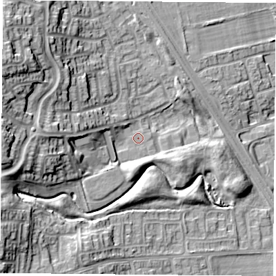 Shaded relief map of the ground around TS260US, computed from Environment Agency LiDAR. The ground here sits at about 18 m above sea level and falls 24 m across the surrounding 800 m. Surface water reaching this point runs off ground lying to the west, 14.2 m higher.