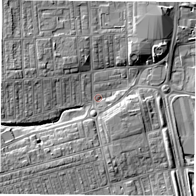Shaded relief map of the ground around TS269AA, computed from Environment Agency LiDAR. The ground here sits at about 8 m above sea level and falls 8 m across the surrounding 800 m. Surface water reaching this point runs off ground lying to the west-north-west, 8.2 m higher.