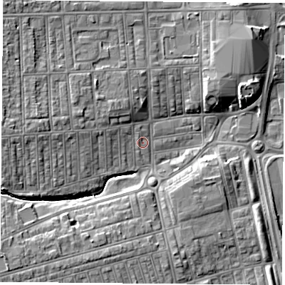 Shaded relief map of the ground around TS269AD, computed from Environment Agency LiDAR. The ground here sits at about 9 m above sea level and falls 9 m across the surrounding 800 m. Surface water reaching this point runs off ground lying to the west-north-west, 5.6 m higher.