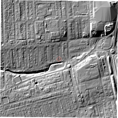 Shaded relief map of the ground around TS269AG, computed from Environment Agency LiDAR. The ground here sits at about 9 m above sea level and falls 9 m across the surrounding 800 m. Surface water reaching this point runs off ground lying to the west-north-west, 8.9 m higher.
