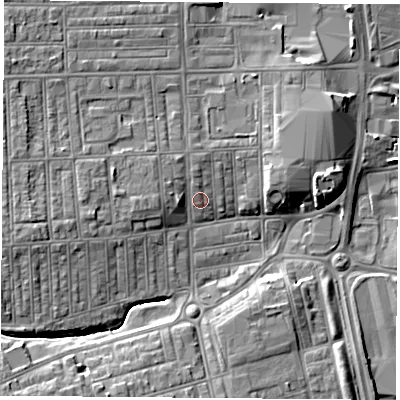 Shaded relief map of the ground around TS269EB, computed from Environment Agency LiDAR. The ground here sits at about 10 m above sea level and falls 9 m across the surrounding 800 m. Surface water reaching this point runs off ground lying to the west-south-west, 4.7 m higher.