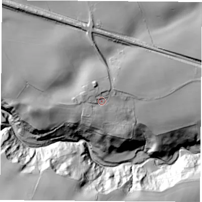 Shaded relief map of the ground around TS274QA, computed from Environment Agency LiDAR. The ground here sits at about 83 m above sea level and falls 62 m across the surrounding 800 m. Surface water reaching this point runs off ground lying to the north-north-west, 8.6 m higher.
