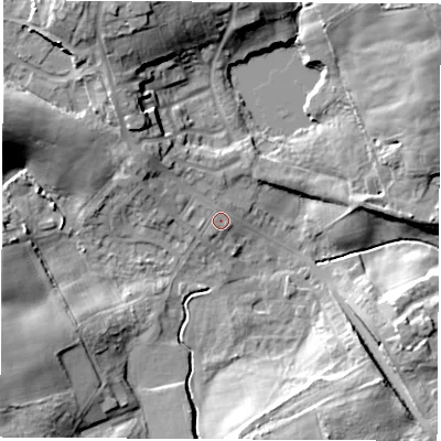Shaded relief map of the ground around TS285AA, computed from Environment Agency LiDAR. The ground here sits at about 119 m above sea level and falls 18 m across the surrounding 800 m. Surface water reaching this point runs off ground lying to the north-west, 5.0 m higher.